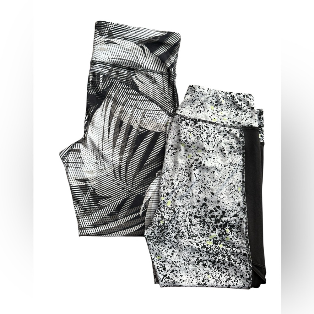 Two Pair Xersion Black, White & Neon Yellow Printed Capri Leggings
